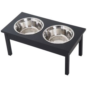 2 Stainless Steel Pet Bowls, 23"L Durable Wooden Heavy Duty Dog Feeding Station - Black