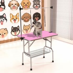 42" Folding Dog Pet Grooming Table Stainless Steel Frame Rubber Mat on Board with Adjustable Arm and Clamps pet dog Cat Grooming Table (PINK COLO