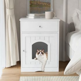 Wooden Pet House Cat Litter Box Enclosure with Drawer, Side Table, Indoor Pet Crate, Cat Home Nightstand (White) (Option: default title)