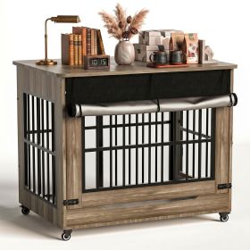 42" Large Dog Crate Furniture, Double Door Wooden Indoor Dog Kennel Furniture (Coloe: GREIGE)