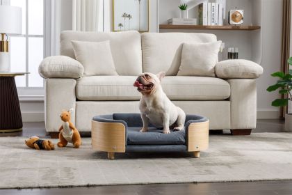 Scandinavian style Elevated Dog Bed Pet Sofa With Solid Wood legs and Bent Wood Back, Velvet Cushion,Mid Size,Dark Grey (Color: as Pic)